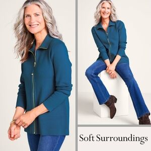 Soft Surroundings Women's Size S Meria Zip Cardi Dark Teal Knit Sweater Outdoor